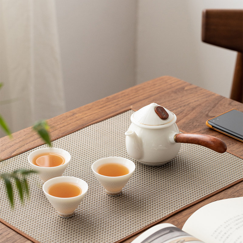 江雪快客杯羊脂玉白瓷旅行茶具复古侧把泡茶壶简约一壶三六杯定制