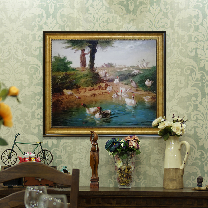牧鹅少女法国米勒原创手绘油画古典欧式美式乡村风景餐厅高档挂画