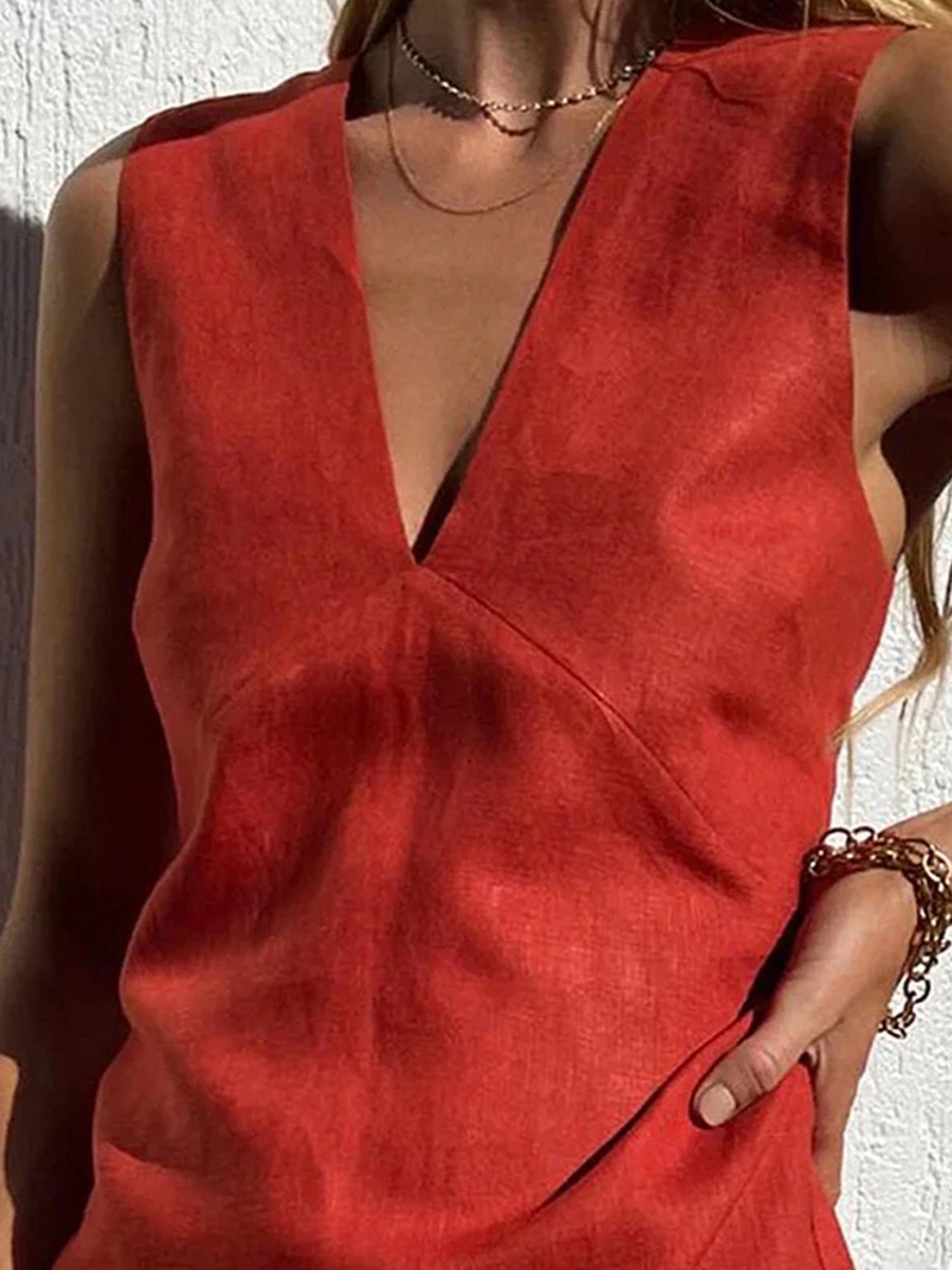 红色棉麻连衣裙女夏季性感辣妹V领锈红色修身无袖背心短裙沙滩裙