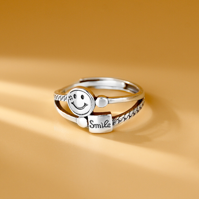 纯银戒指女复古笑脸字母设计时尚个性潮新款中食指戒子百搭手饰品