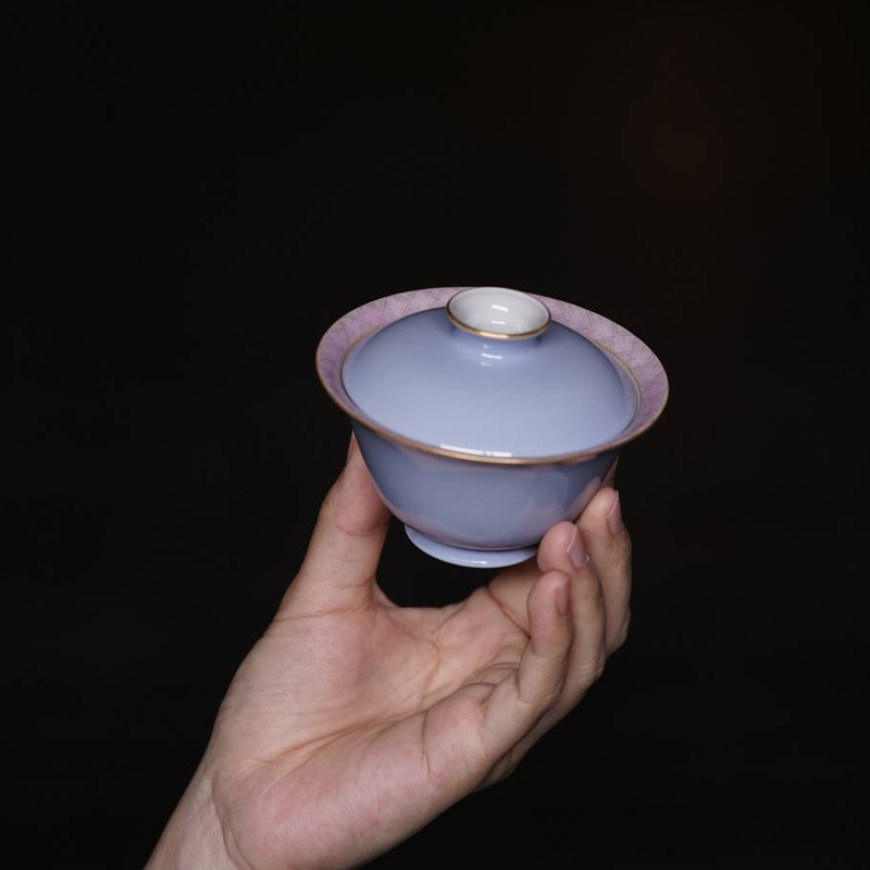 云山蓝内绘碧桃盖碗景德镇手绘陶瓷茶具单个泡茶碗100ml