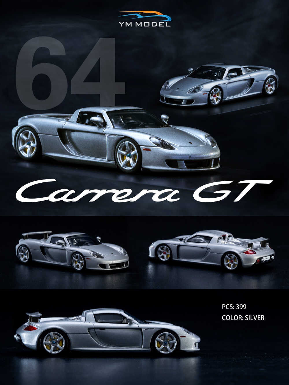 YM MODEL 1:64 保时捷 卡雷拉 Carrera GT 银色 树脂仿真汽车模型