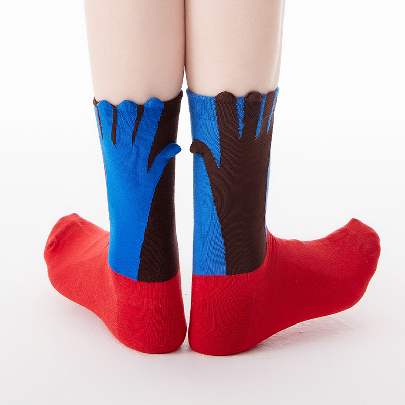 上森红色袜子手掌袜子女士春秋款撞色蓝色堆堆袜可爱中筒袜凸凸袜