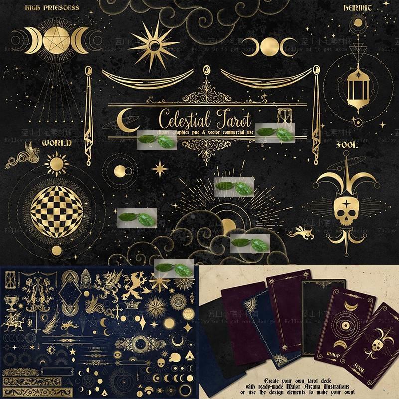 神秘魔法金色月亮太阳星星塔罗牌插画背景复古卡片边框PNG素材