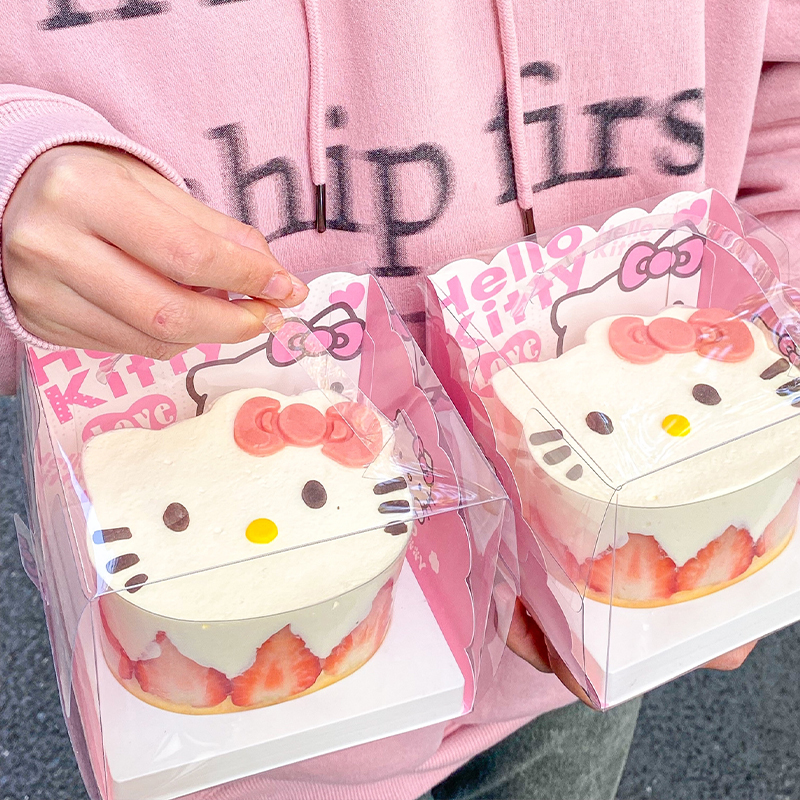 KT猫卡通蛋糕盒子4寸塑料米奇生日打包盒粉色猫脸六一儿童节盒子