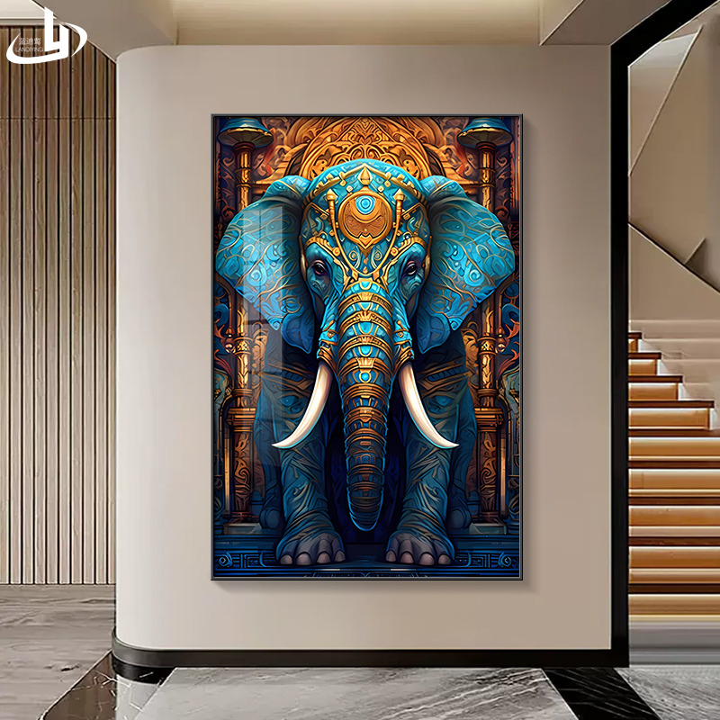 吉象如意入户玄关装饰画大象led灯客厅落地挂画走廊过道镶钻壁画