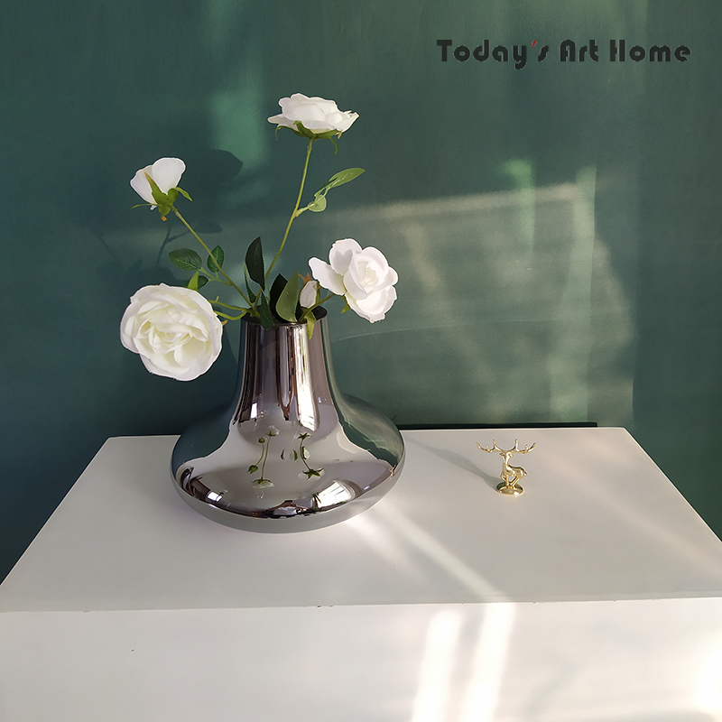 现代简约电镀银色花器轻奢玻璃花瓶餐桌茶几插花样板间客厅摆件