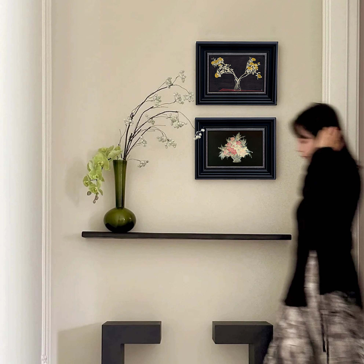 法式中古风客厅沙发背景墙装饰画黑色边框常玉高级感花卉玄关挂画