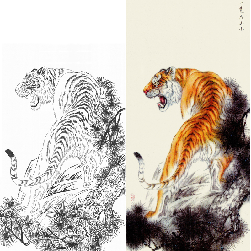 老虎猛兽动物工笔画白描底稿线描画稿宣纸可直接上色勾线练习稿子