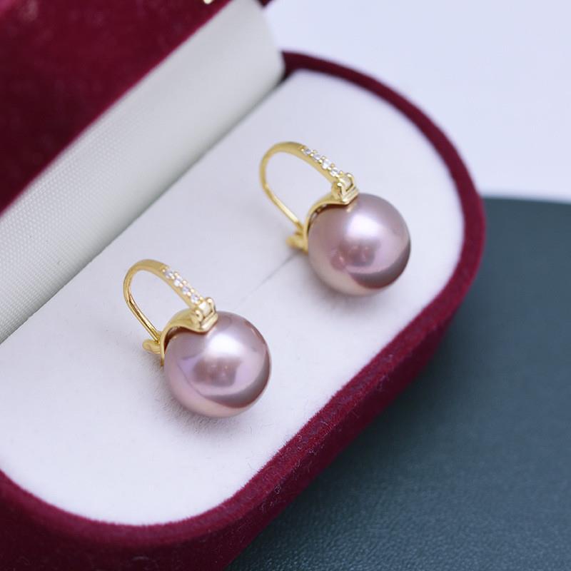 淡水珍珠11-12mm爱迪生紫珠强光细微瑕白珠女神耳饰耳扣时尚流行