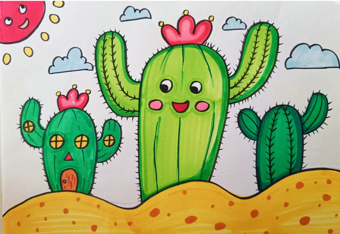 沙漠中的仙人掌绘画模板主题儿童画简笔画幼儿园植物素材图片可打