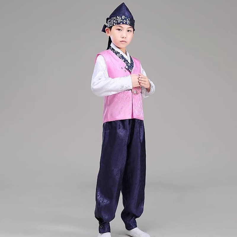 周岁儿童男童韩服日常改良童装小孩子宝宝朝鲜族服装演出服送帽子