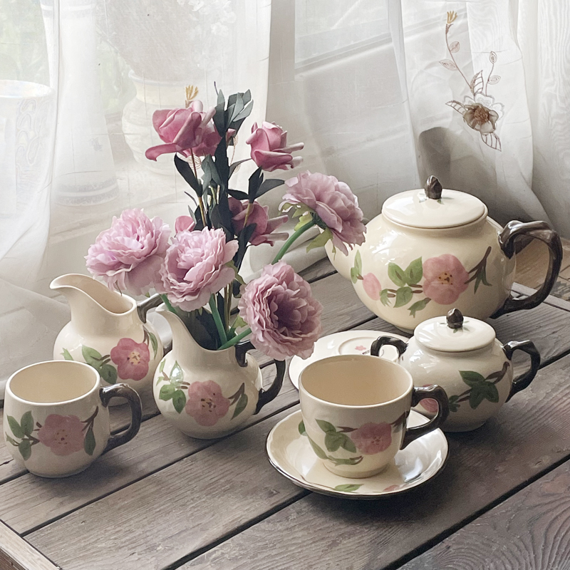 原单沙漠玫瑰陶壶瓷马克杯釉下彩手绘花朵创意咖啡杯牛奶杯红茶杯