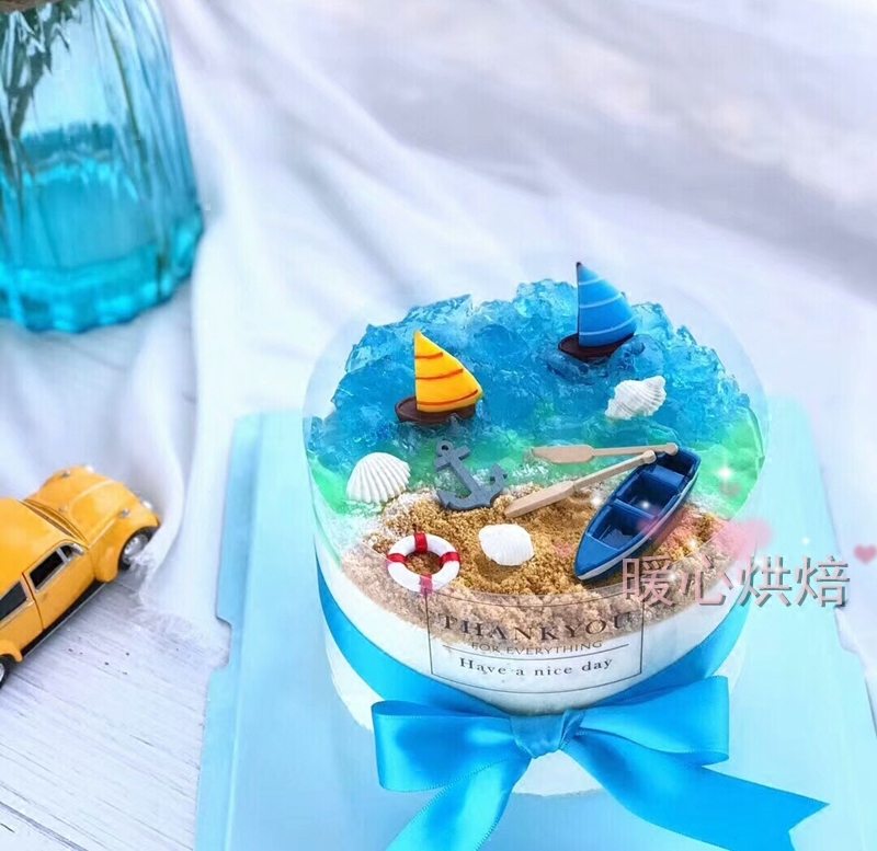 新品海洋生日蛋糕装饰摆件沙滩海星甜品配件帆船救生圈太阳伞游艇
