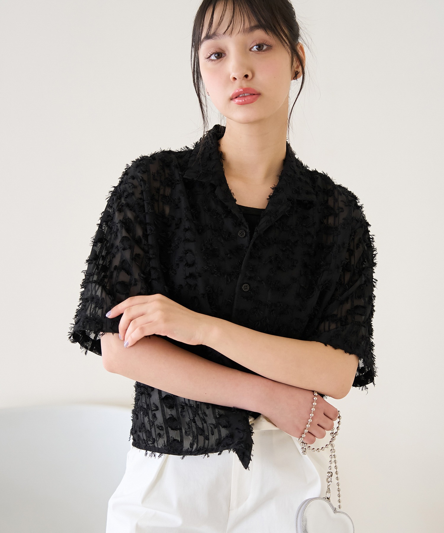 日系女装羽毛纱雪纺休闲短袖衬衣 短外套 黑白色