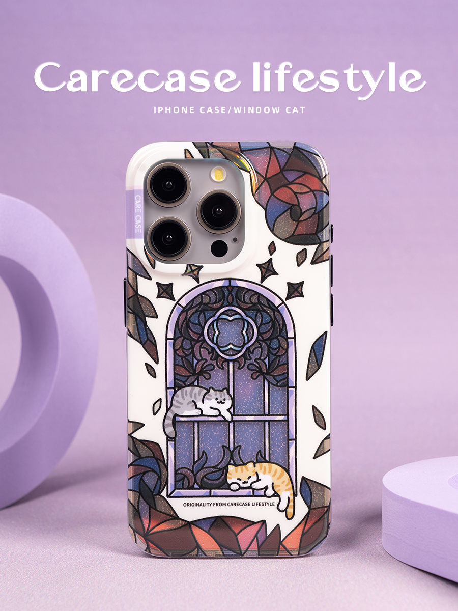 CARECASE 复古窗花猫闪粉镭射手机壳 适用于苹果 15 14 13 Pro Max 原创设计简约时尚创意可爱有趣高级小众款