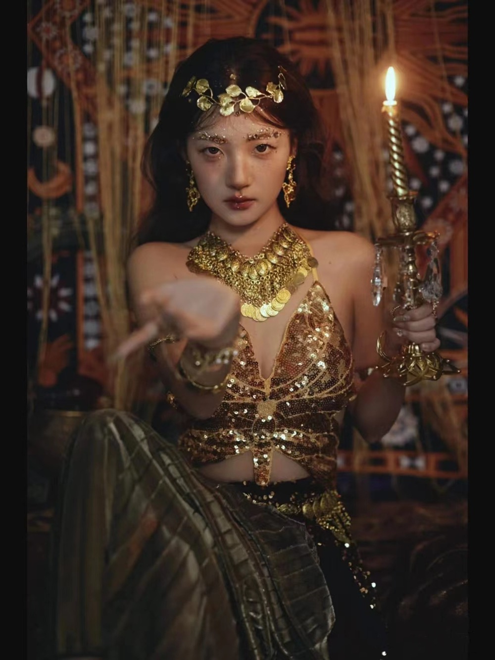 古埃及公主服饰性感金色蝴蝶上衣设计感长裙异域风旅拍摄影新款