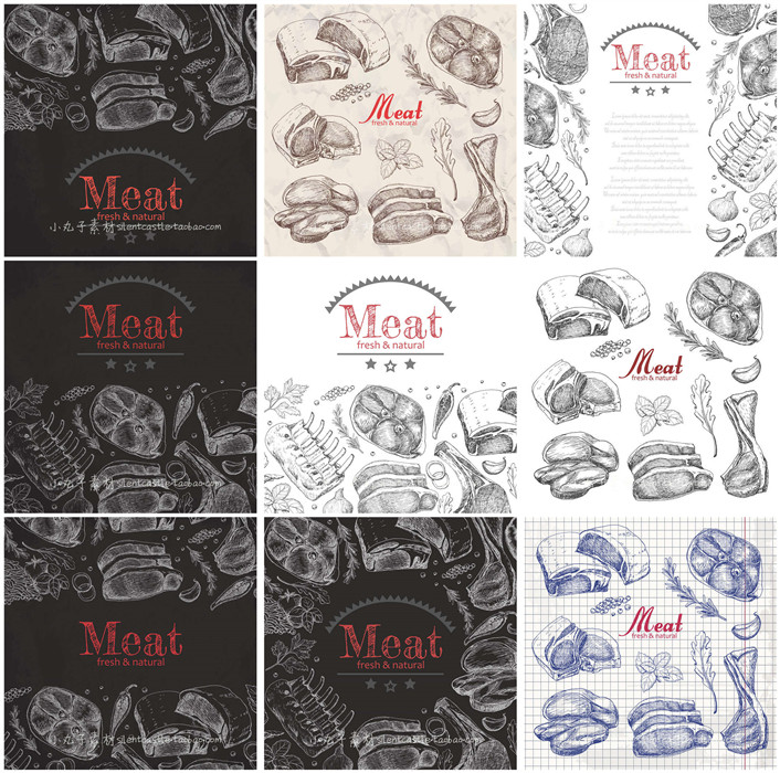 A0018矢量AI设计素材 手绘肉类食物牛排骨头线稿插画背景菜单元素