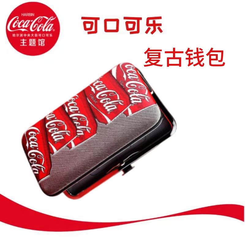 可口可乐主题馆Coca-cola灰红色帆布钱包卡位横款个性复古