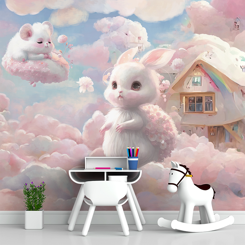 抽象油画儿童房墙纸女孩梦幻天空兔子壁纸壁画背景墙手绘粉色唯美