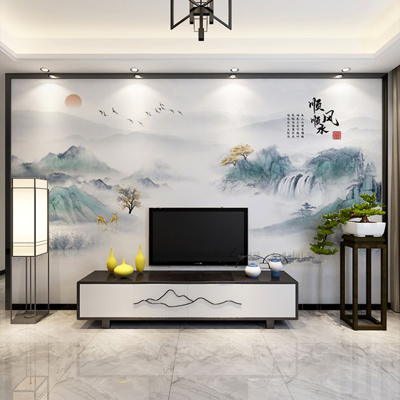 新中式墙画意境壁纸山水顺风顺水客厅电视背景墙自粘贴画墙贴壁布