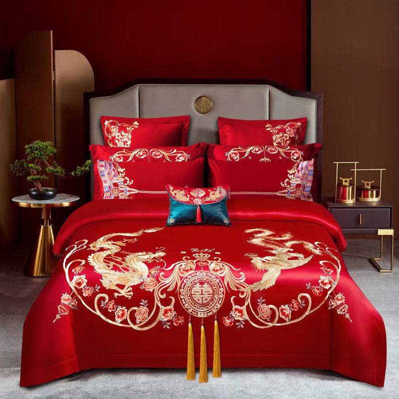 高端刺绣四件套婚庆大红结婚床上用品新婚床单被套六八十件套中式