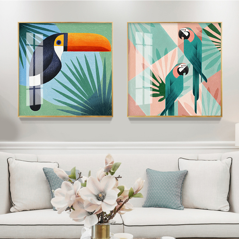 欧式简约线条彩色鸟正方形装饰画鸟挂画鹦鹉壁画色彩艺术墙画客厅