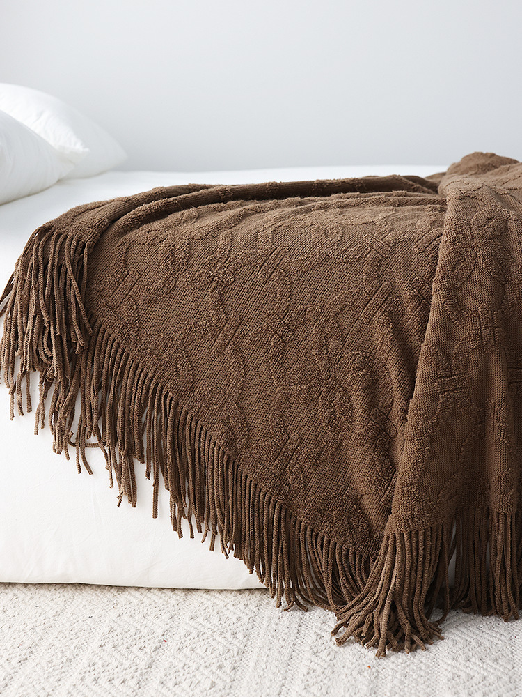 美式复古风针织床尾巾床旗搭毯沙发休闲装饰盖毯长款北欧简约棕色