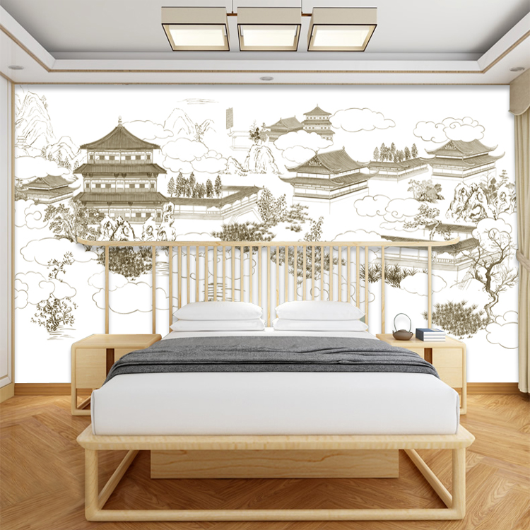 新中式线描阁楼墙纸客厅沙发背景壁纸书房卧室整张墙布宣绒布壁画