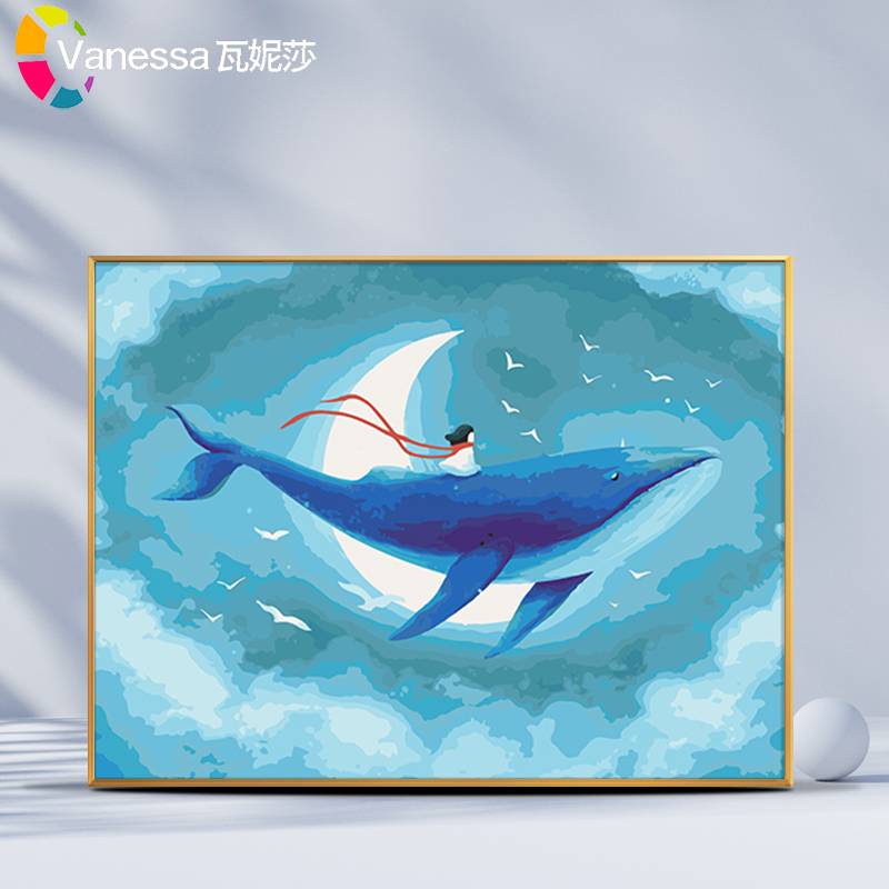 瓦妮莎diy数字油画卡通动漫鲸鱼手绘填充填色画画水彩丙烯油彩画