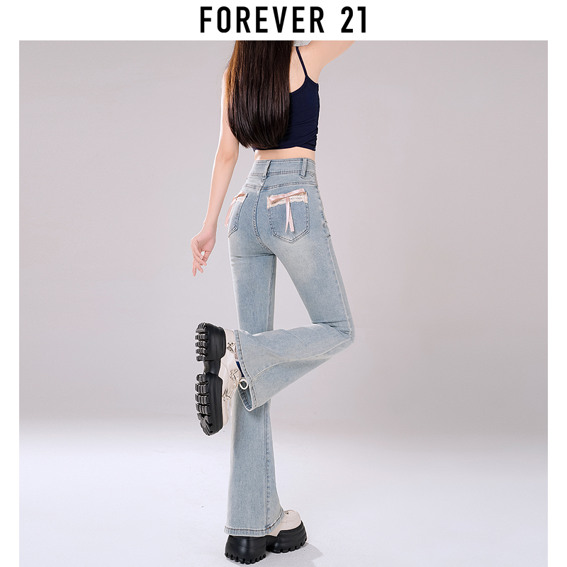 Forever 21高腰浅色微喇牛仔裤女新中式国风显瘦弹力提臀马蹄裤子