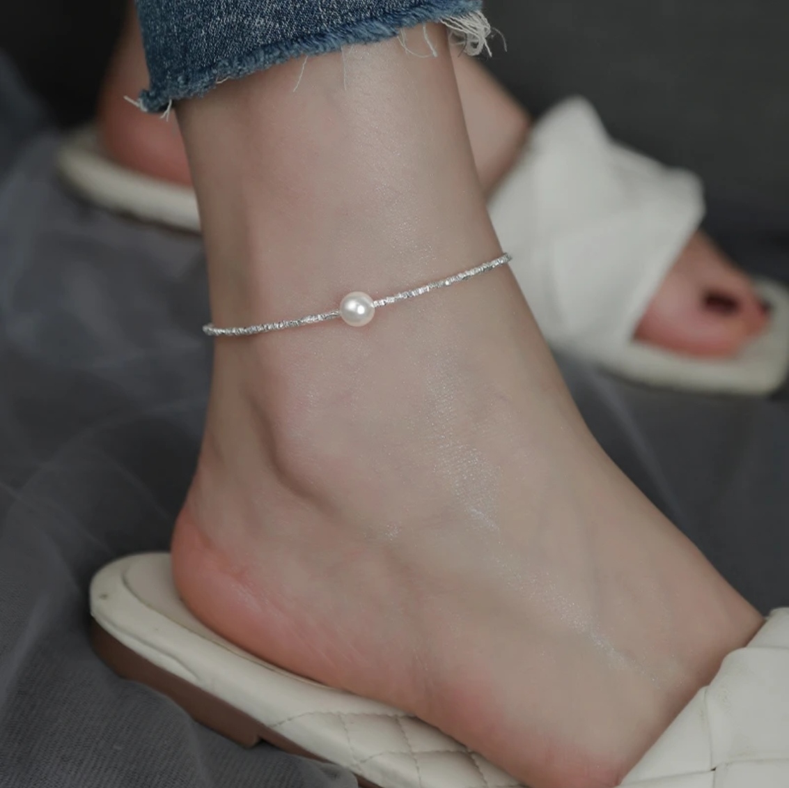 s925纯银碎银珍珠脚链女2024新款爆款高级感轻奢小众波光粼粼脚环