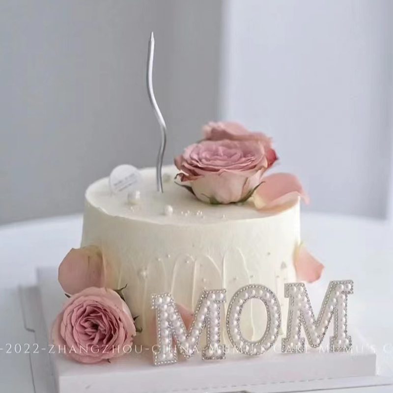 2024母亲节蛋糕装饰仿真玫瑰花花朵摆件妈妈生日装扮珍珠MOM插件