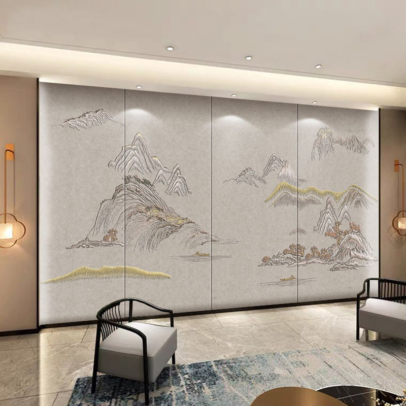 定制新中式山水刺绣硬包背景墙沙发电视客厅卧室床头酒店宾馆餐厅