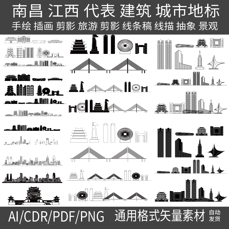 南昌江西地标城市建筑天际线条描稿剪影景观手绘旅游插画设计素材