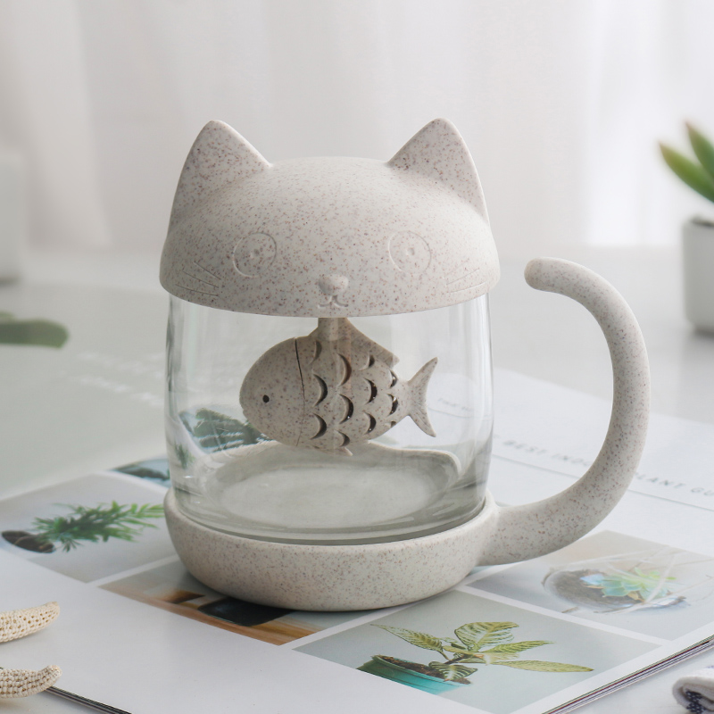 猫咪鱼茶杯女生日礼物马克杯办公室可爱泡茶水杯男生小号玻璃杯子