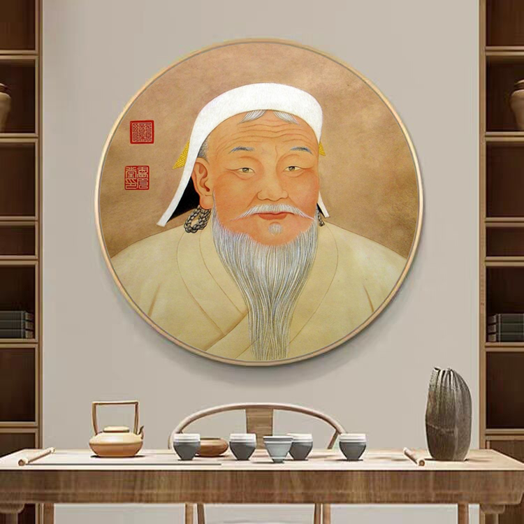 成吉思汗圆形挂画元太祖像新中式客厅玄关装饰画蒙古餐厅名人壁画