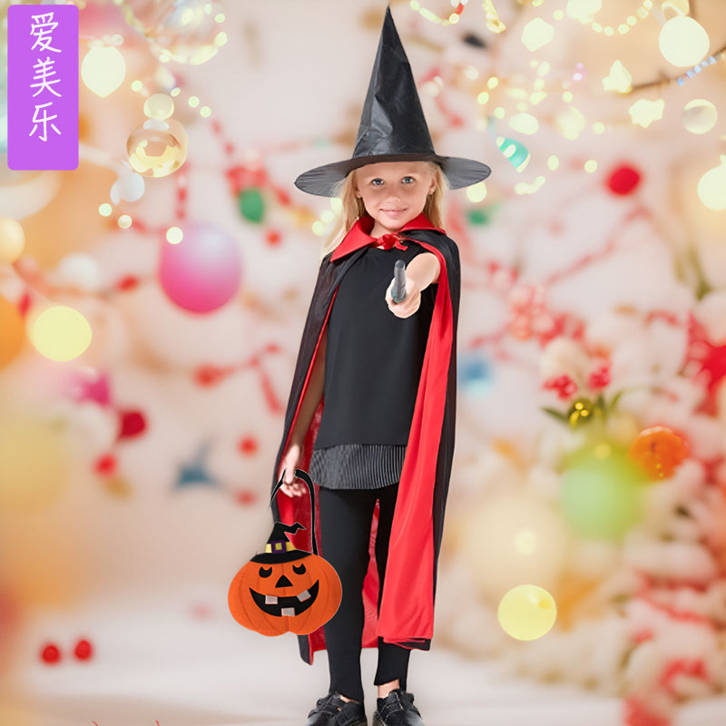 万圣节儿童服装红黑两面可穿立领披风cos海盗吸血鬼斗篷巫师黑袍