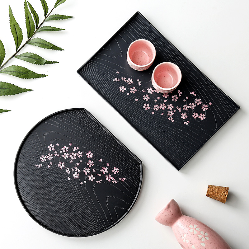 日本樱花纹托盘茶盘客厅家用长方形圆形塑料放水杯茶杯盘水果盘