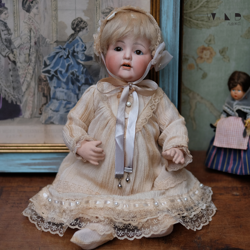 古董娃娃日本陶瓷婴儿可爱浓汤老玩具收藏摆件玻璃眼珠牙齿坐卧