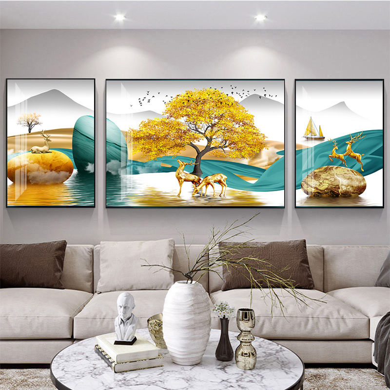 客厅装饰画沙发背景墙的壁画约抽象晶瓷钻画大气三联画挂画