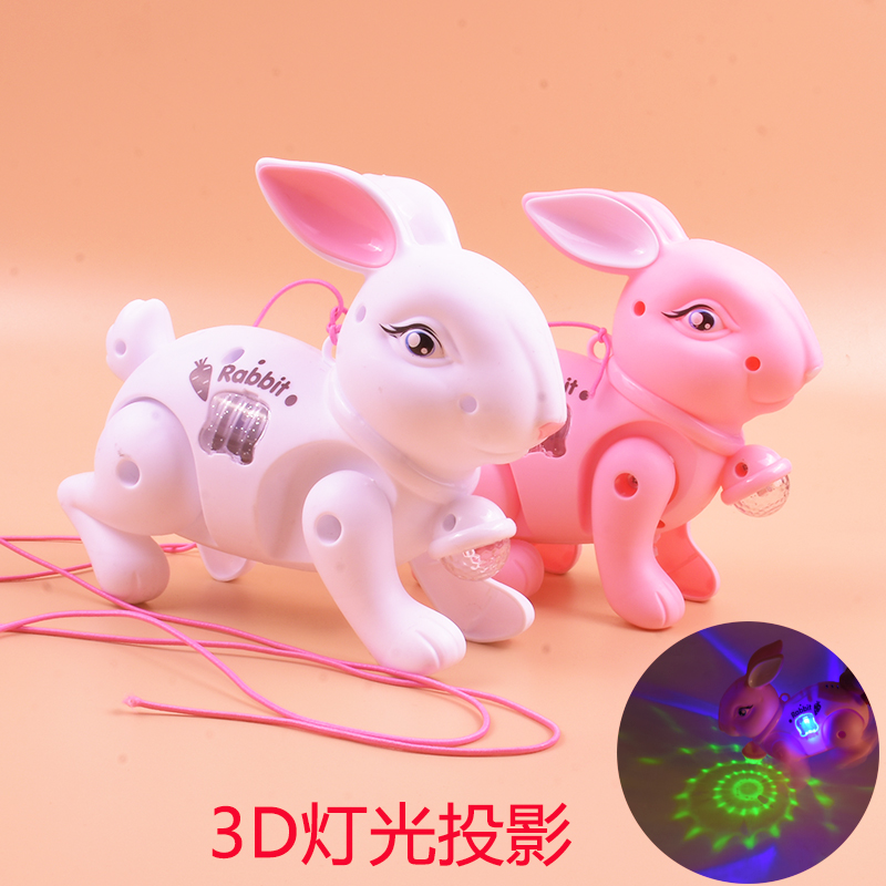 抖音电动小兔子儿童玩具3D灯光投影有音乐会走蹦蹦跳跳萌宠小兔子