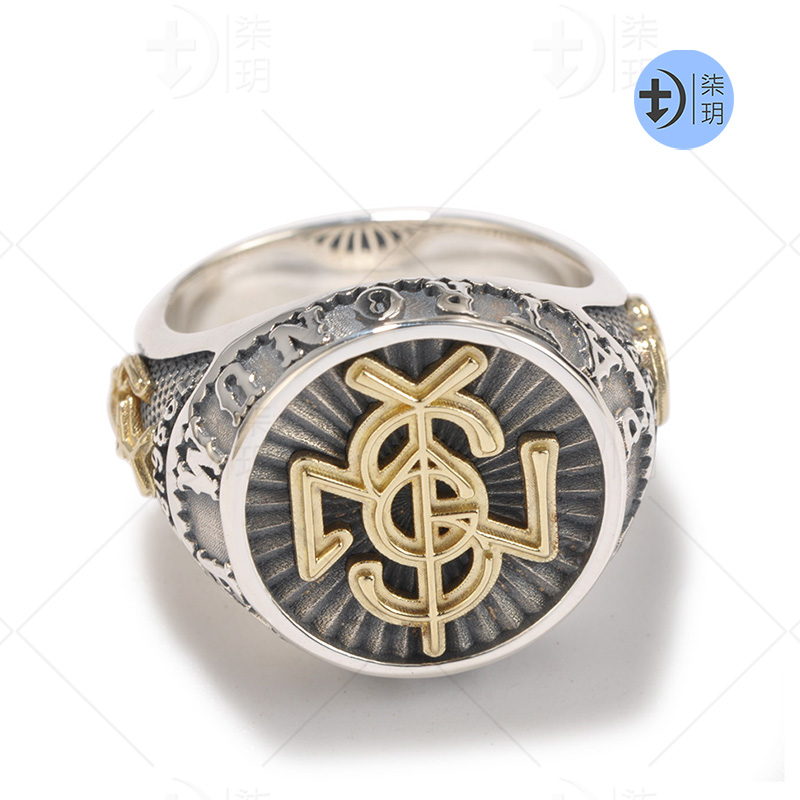 柒玥 定制订做原创设计男女食指925银戒指 冠军复古 个性纪念徽章