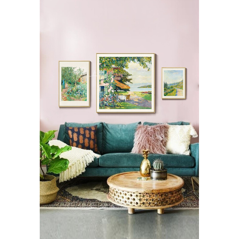 梵高湖边屋莫奈欧式沙发背景墙客厅挂画风景油画装饰画墙壁画竖版