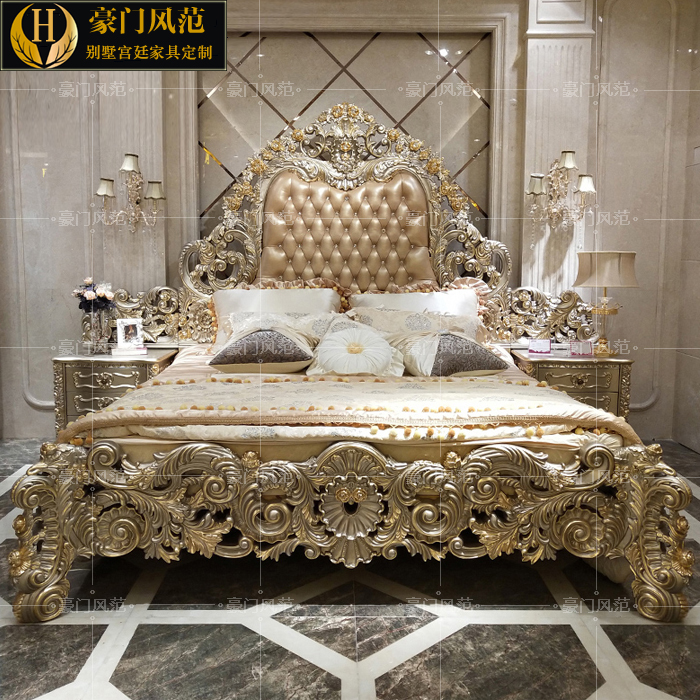 法式宫廷雕花太子床欧式头层牛皮双人大床卧室公主床婚床豪门家具