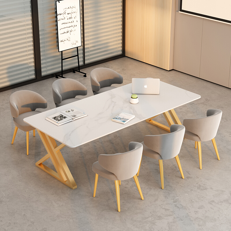 北欧轻奢岩板会议桌小型会客办公长条桌白色2m工作台洽谈桌椅组合