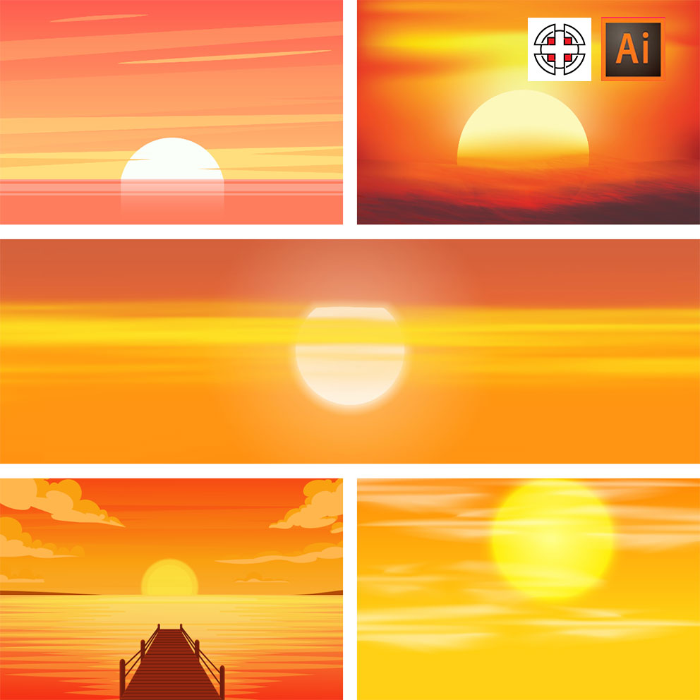 金色夕阳晚霞太阳落日余晖天空插画AI矢量设计素材