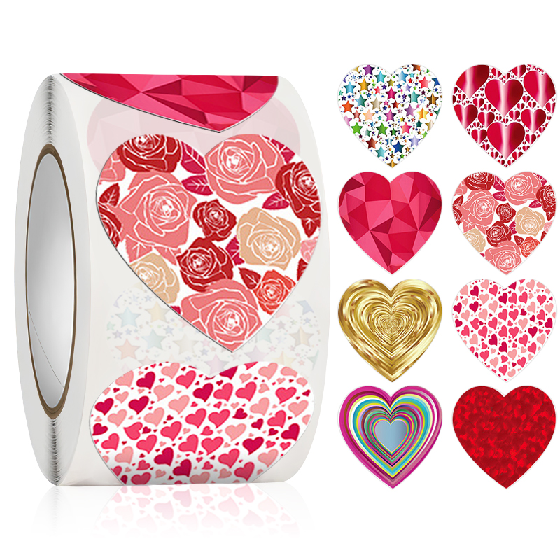 500贴/卷彩色爱心情人节贴纸心形玫瑰花图案礼品包装封口贴不干胶
