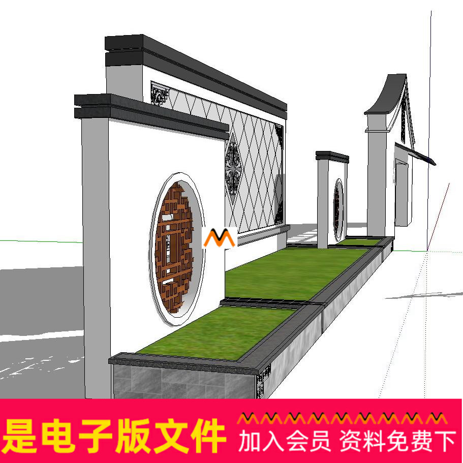 A17中式广场企业公园小区入口景墙大门影壁装饰墙背景墙SU模型图