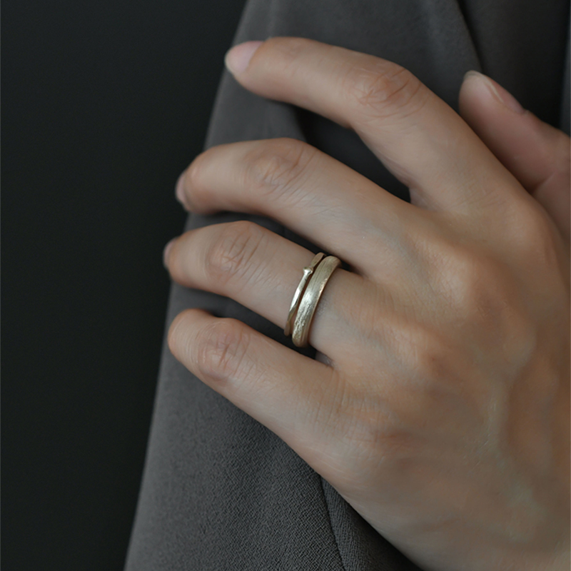 L.Bardeen原创复古手工拉丝宽窄925纯银戒指女小众高级感情侣对戒